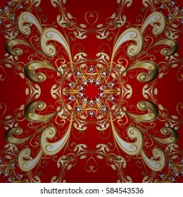 Ornate vector decoration. Golden element on red background. Luxury, royal and Victorian concept. Vintage baroque floral seamless pattern in gold over red.