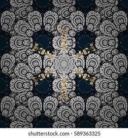 Ornate vector decoration. Golden element on blue background. Luxury, royal and Victorian concept. Vintage baroque floral seamless pattern in gold over blue.