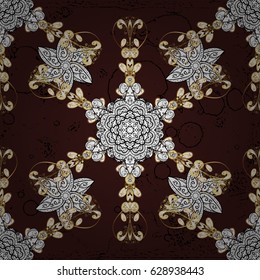 Ornate vector decoration. Golden element on brown background. Luxury, royal and Victorian concept. Vintage baroque floral pattern in gold over brown.