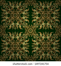 Ornate vector decoration. Golden elements isolated on a green background. Luxury, royal and Victorian concept. Vintage baroque floral seamless pattern in gold over.