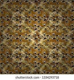 Ornate vector decoration. Golden pattern on brown and yellow colors with golden elements. Seamless damask pattern background for wallpaper design in the style of Baroque.