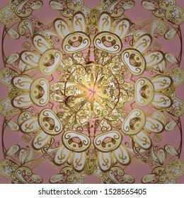 Ornate vector decoration. Golden pattern on beige and neutral colors with golden elements. Seamless damask pattern background for wallpaper design in the style of Baroque.
