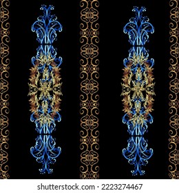 Ornate vector decoration. Golden pattern on black, brown and blue colors with golden elements. Seamless damask pattern background for wallpaper design in the style of Baroque.
