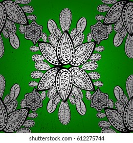 Ornate vector decoration. Rough damask pattern background for wallpaper design in the style of Baroque. White pattern on green background with white elements.