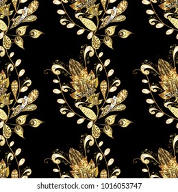 Ornate vector decoration. Seamless damask pattern background for wallpaper design in the style of Baroque. Golden pattern on black and yellow colors with golden elements.