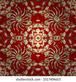Ornate vector decoration. Seamless damask pattern background for wallpaper design in the style of Baroque. Golden pattern on red and yellow colors with golden elements.