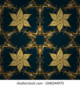 Ornate vector decoration. Seamless damask pattern background for wallpaper design in the style of Baroque. Golden pattern on blue, yellow and brown colors with golden elements.