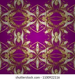 Ornate vector decoration. Seamless damask pattern background for wallpaper design in the style of Baroque. Golden pattern on purple, beige and brown colors with golden elements.