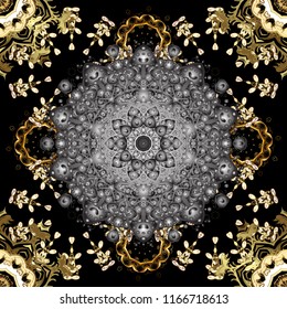 Ornate vector decoration. Seamless damask pattern background for wallpaper design in the style of Baroque. Golden pattern on black, gray and brown colors with golden elements.