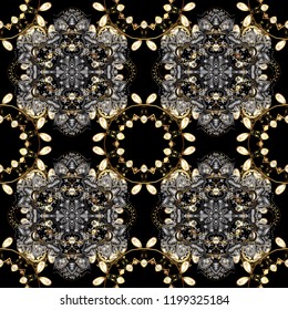 Ornate vector decoration. Seamless damask pattern background for wallpaper design in the style of Baroque. Golden pattern on black, gray and brown colors with golden elements.