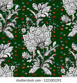 Ornate vector decoration. Seamless damask pattern background for wallpaper design in the style of Baroque. Golden pattern on brown, yellow and magenta colors with golden elements.