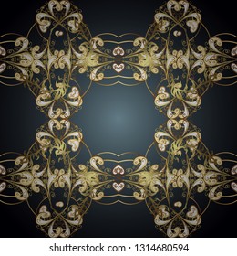 Ornate vector decoration. Seamless damask pattern background for wallpaper design in the style of Baroque. Golden pattern on blue and gray colors with golden elements.