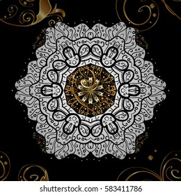 Ornate vector decoration. Seamless damask pattern background for wallpaper design in the style of Baroque. Golden pattern on black background with golden elements.