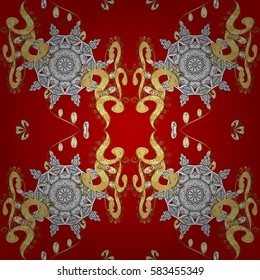 Ornate vector decoration. Seamless damask pattern background for wallpaper design in the style of Baroque. Golden pattern on red background with golden elements.