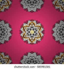 Ornate vector decoration. Seamless damask pattern background for wallpaper design in the style of Baroque. Golden pattern on pink background with golden elements.
