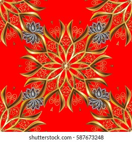 Ornate vector decoration. Seamless damask pattern background for wallpaper design in the style of Baroque. Golden pattern on red background with golden elements.