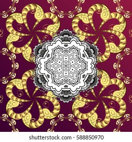 Ornate vector decoration. Seamless damask pattern background for wallpaper design in the style of Baroque. Golden pattern on pink background with golden elements.