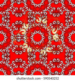 Ornate vector decoration. Seamless damask pattern background for wallpaper design in the style of Baroque. Golden pattern on red background with golden elements.