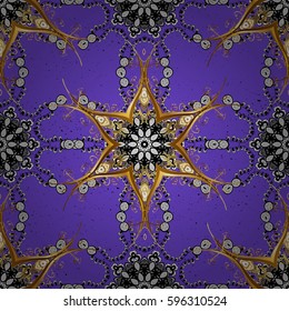 Ornate vector decoration. Seamless damask pattern background for wallpaper design in the style of Baroque. Golden pattern on violet background with golden elements.