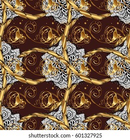Ornate vector decoration. Seamless damask pattern background for wallpaper design in the style of Baroque. Golden pattern on brown background with golden elements.