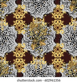 Ornate vector decoration. Seamless damask pattern background for wallpaper design in the style of Baroque. Golden pattern on brown background with golden elements.