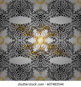 Ornate vector decoration. Seamless damask pattern background for wallpaper design in the style of Baroque. Golden pattern on gray background with golden elements.