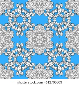 Ornate vector decoration. Seamless damask pattern background for wallpaper design in the style of Baroque. White pattern on blue background with white elements.