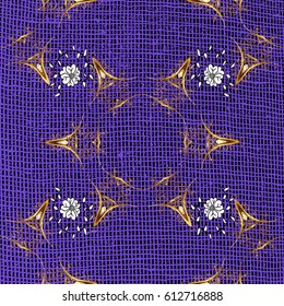 Ornate vector decoration. Seamless damask pattern background for wallpaper design in the style of Baroque. Golden pattern on violet background with golden elements.