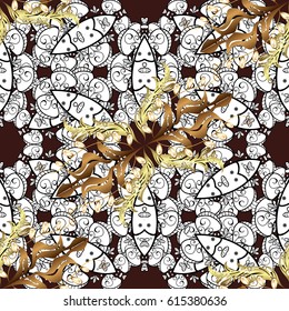 Ornate vector decoration. Seamless damask pattern background for wallpaper design in the style of Baroque. Golden pattern on brown background with golden elements.
