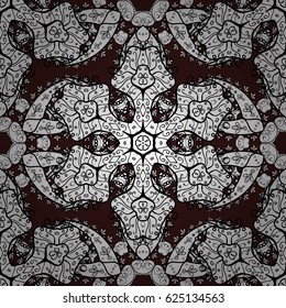 Ornate vector decoration. Seamless damask pattern background for wallpaper design in the style of Baroque. White pattern on brown background with white elements.