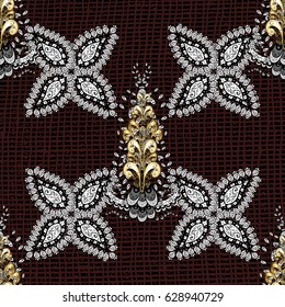 Ornate vector decoration. Seamless damask pattern background for wallpaper design in the style of Baroque. Golden pattern on brown background with golden elements.