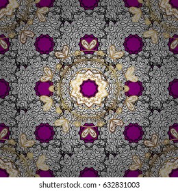 Ornate vector decoration. Seamless damask pattern background for wallpaper design in the style of Baroque. Golden pattern on magenta background with elements.