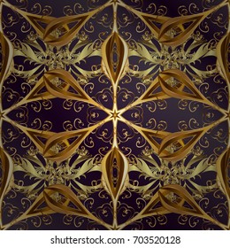 Ornate vector decoration. Seamless damask pattern background for wallpaper design in the style of Baroque. Golden pattern on lilac and purple background with golden elements.