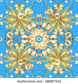 Ornate vector decoration. Vintage baroque floral pattern in gold over blue. Golden element on blue background. Luxury, royal and Victorian concept.