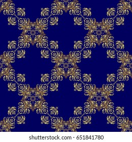 Ornate vector decoration. Vintage baroque floral seamless pattern in gold over blue. Golden elements isolated on blue background. Luxury, royal and Victorian concept.
