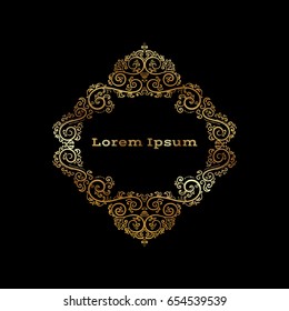 Ornate vector. Decorative golden heraldic floral elements on black background. In vintage style. You can use for wedding decoration of greeting card and laser cutting.