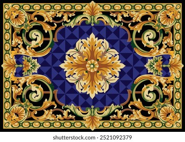 Um design vetorial ornamentado com pergaminhos florais dourados e verdes sobre um fundo geométrico azul profundo. Estilo de tapete clássico com uma borda detalhada, perfeito para fundos decorativos tradicionais.