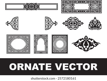 Ornate vector designs, black and white geometric patterns, intricate Celtic knots, Art Nouveau borders, decorative frames, symmetrical motifs, filigree elements, arabesque scrollwork, vintage ornament