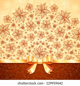 Ornate vector doodle flowers background with ribbon