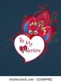 Ornate vector element in Eastern style. Be My Valentine Illustration. Heart with floral ornaments like flames for greeting design. Red decor invitation, card. Graceful pattern. Happy Valentine's Day.