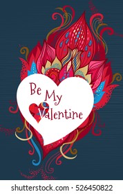 Ornate vector element in Eastern style. Be My Valentine Illustration. Heart with floral ornaments like flames for greeting design. Red decor invitation, card. Graceful pattern. Happy Valentine's Day.