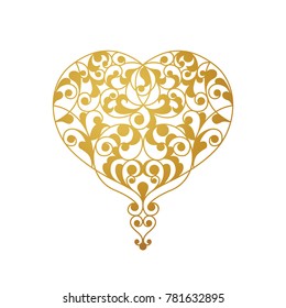 Ornate vector gold heart. Elegant element for logo design in Eastern style. Golden floral illustration for wedding invitations, greeting cards, Valentines cards. Outline pattern.