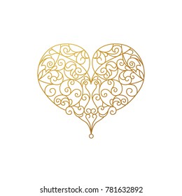 Ornate vector gold heart in line art. Elegant element for logo design in Eastern style. Golden floral illustration for wedding invitations, greeting cards, Valentines cards. Romantic outline pattern.