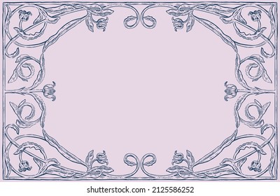 Ornate vector greeting card with drawn floral border from vintage tulips in art nouveau style 