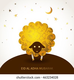 Ornate vector greeting card with floral decorated sheep. Template for Muslim Community Festival. Eid-Al-Adha (Feast of the Sacrifice). Golden decor in Eastern style. Islamic background.