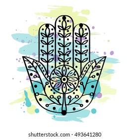 Ornate vector hamsa with colorful paint splashes on the background. Arabic or jewish amulet, mystic symbol. Vector illustration.