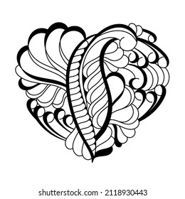 Ornate vector heart . Black and white abstract ornament. Love and passion. Hand drawn Valentines Day illustration.