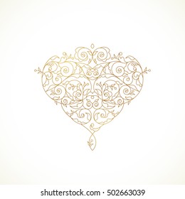 Ornate vector heart in Eastern style. Line art elegant element for design, place for text. Lace floral illustration for wedding invitations, greeting cards, Valentines cards. Golden pattern.