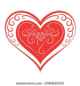 Ornate vector heart with floral decor, vector illustration isolated on white background, love and romance concept, graceful design element for cards, banners.