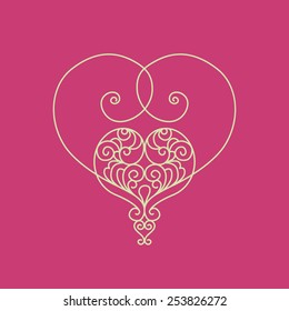 Ornate vector heart in line art style. Elegant element for logo design, place for text. Lace floral illustration for wedding invitations, greeting cards, Valentines cards. Light outline pattern.